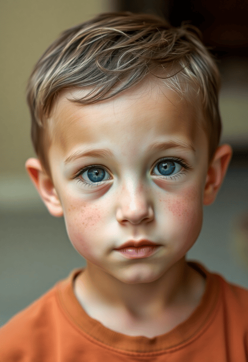 Freckled Caucasian Boy with Bright Eyes and an Inquisitive Look