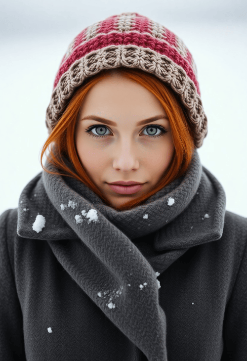 Winter Warmth: Cozy Redhead in Snowy Landscape