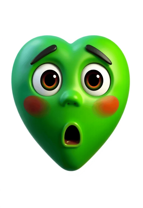 3D Green Heart Emoji with Surprised Face