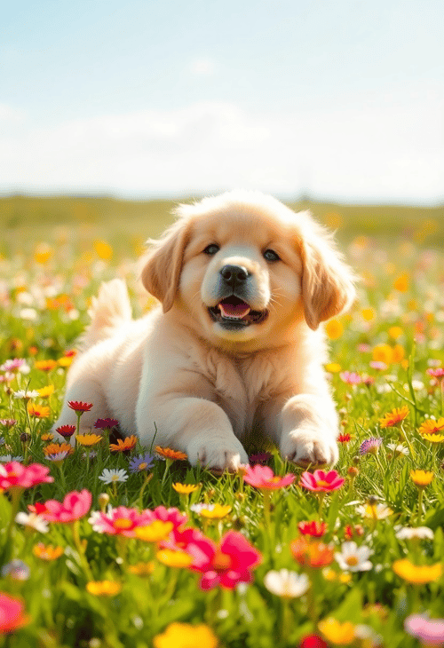 Puppy in a Flower Meadow