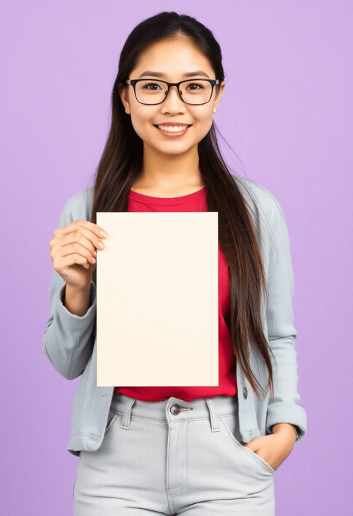 Asian Female Teacher Holding a Blank Cardboard