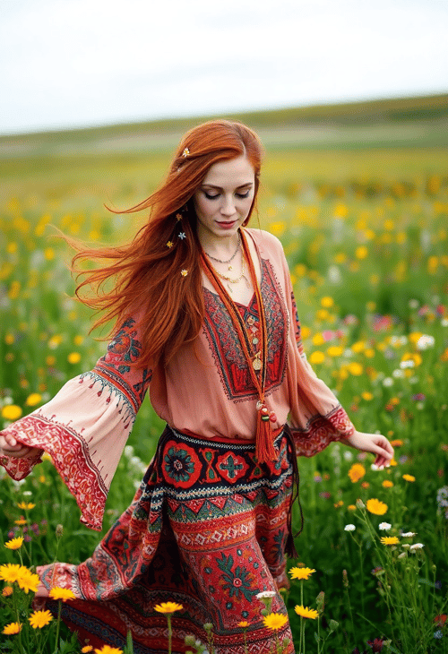 Bohemian Dreams: Free-Spirited Redhead in a Field