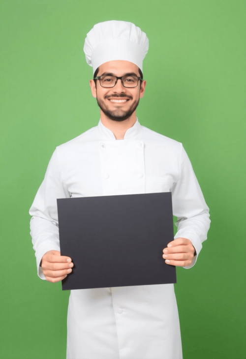Happy Chef with a Blank Sign in Hand