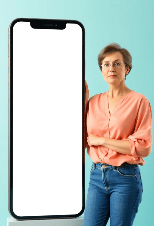 Middle-Aged Woman Examines a Blank Smartphone