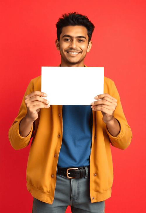 Diverse Young Man with an Empty Card in Studio Setting