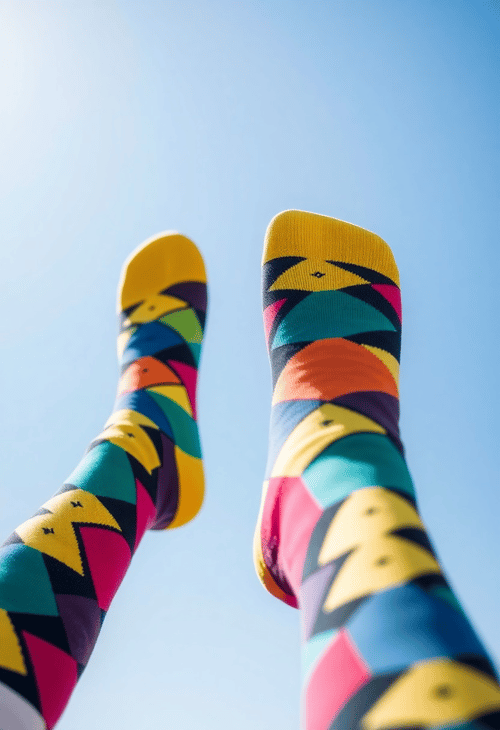 Geometric Patterned Socks Against Clear Blue Sky