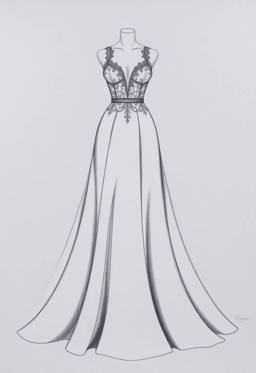 Elegant Evening Gown Sketch in Charcoal