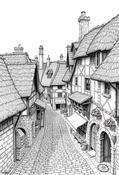 Ink Drawing Village AI Art