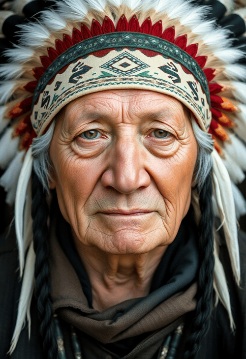 Indigenous Elder with a Traditional Headdress and Calm Eyes