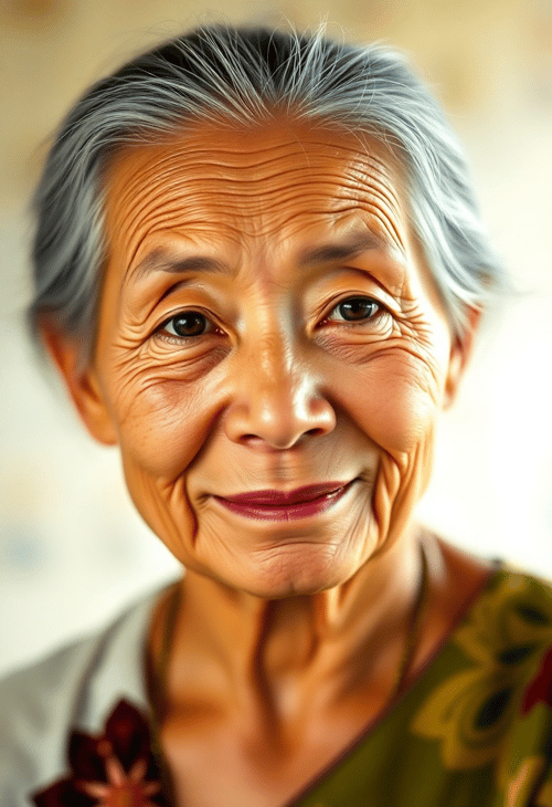 Elderly Asian Woman with a Gentle Smile and Wisdom-Filled Eyes