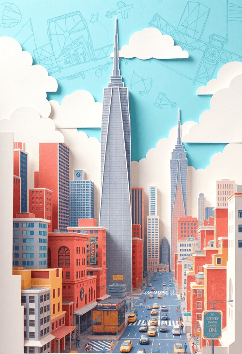Vibrant Urban Skyline with Paper Cutout Buildings