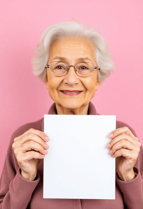 Elder Woman with Blank Poster in Pink Background