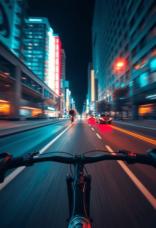 Biker's Race Through a City at Night