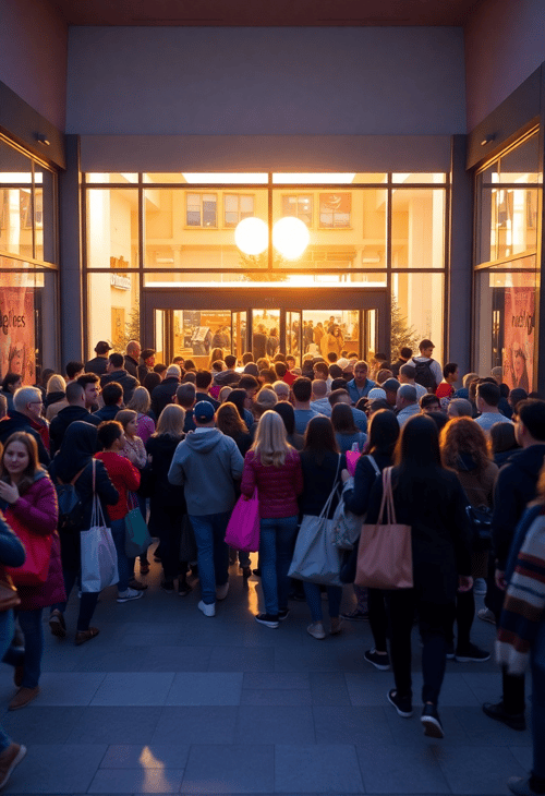 Frenzied Crowd Storming the Mall Doors