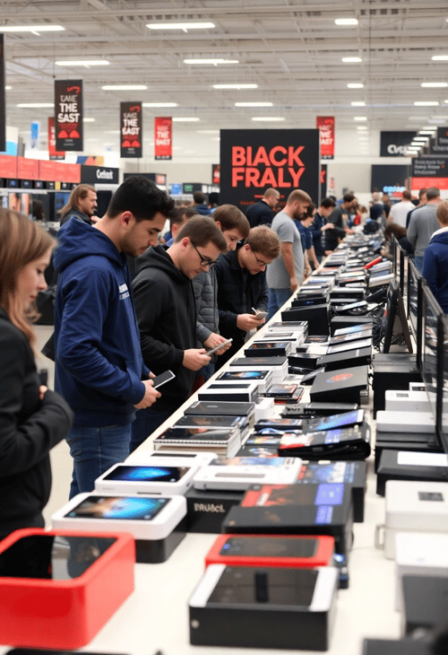 Tech Enthusiasts at a Gadget Sale