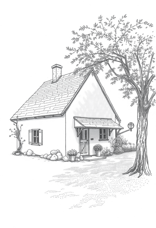 Rustic Country House in Stippled Shadows