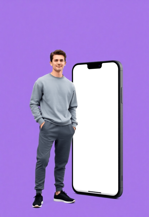 Young Man in Relaxed Wear Beside a Large Blank Screen Phone