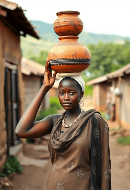 Graceful Woman Carrying a Clay Pot on Her Head