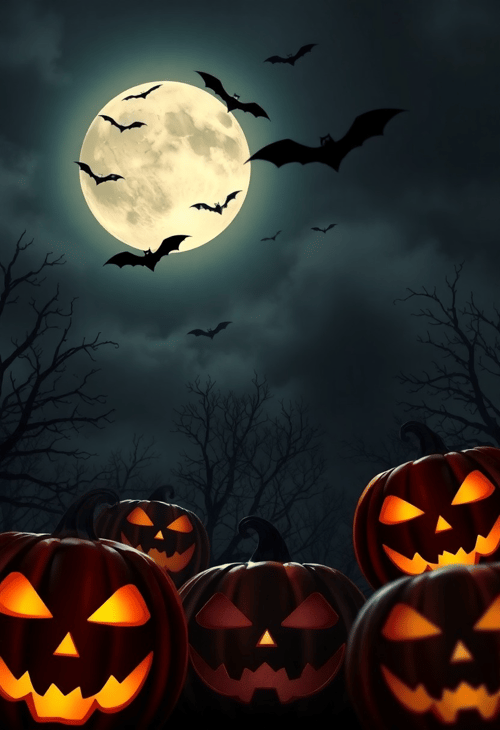 Spooky Full Moon Night with Pumpkins and Bats