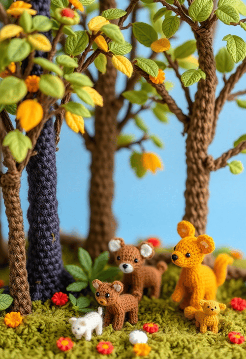 Whimsical Yarn Forest with Tiny Critters