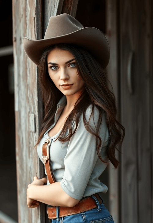 Timeless Allure: Brunette Cowgirl by the Barn