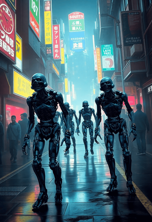 Futuristic Cyber-Zombies in a Neon Cityscape