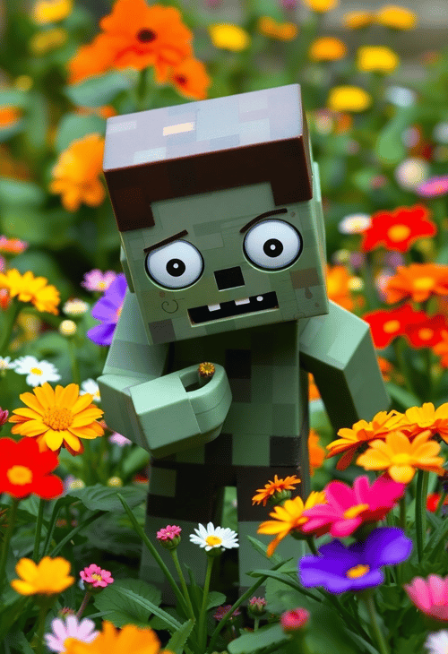 Pixelated Zombie in a Flower Garden