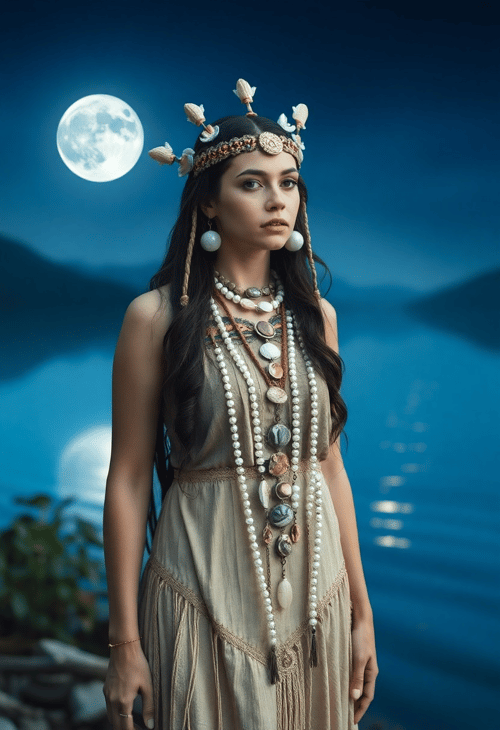 Moonlit Water Priestess: Female Shaman by the Lake