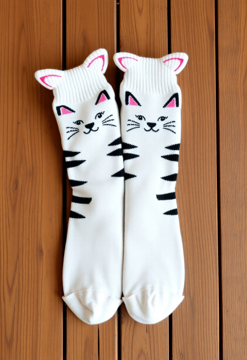 Cozy Cat-Themed Socks on Wooden Table