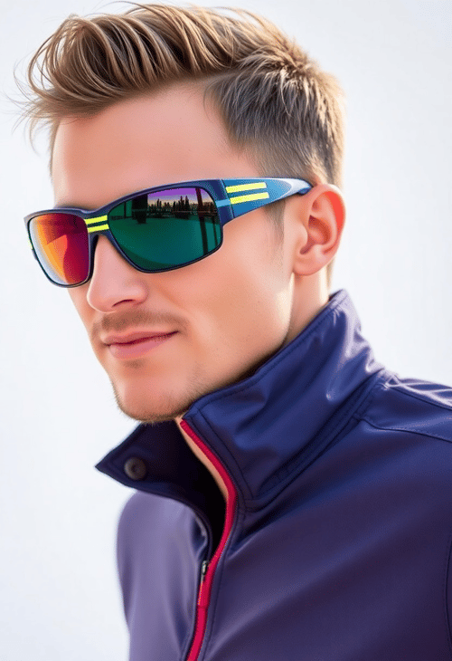 Sporty Wraparound Sunglasses with Vibrant Color Stripes
