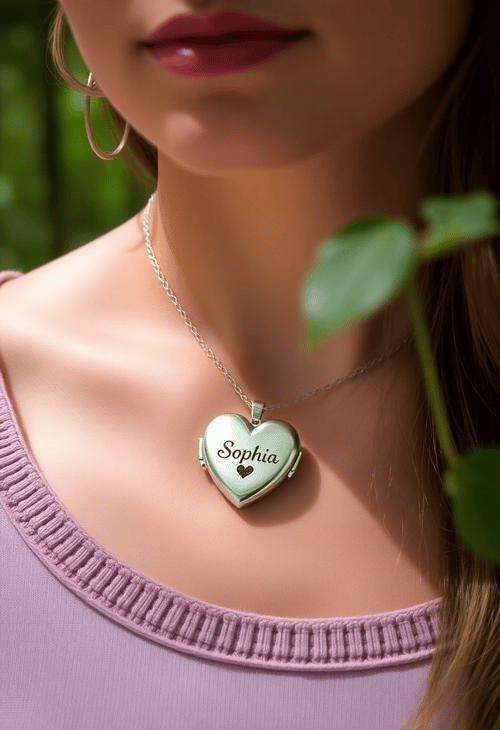 Silver Heart Locket Necklace Worn by a Model