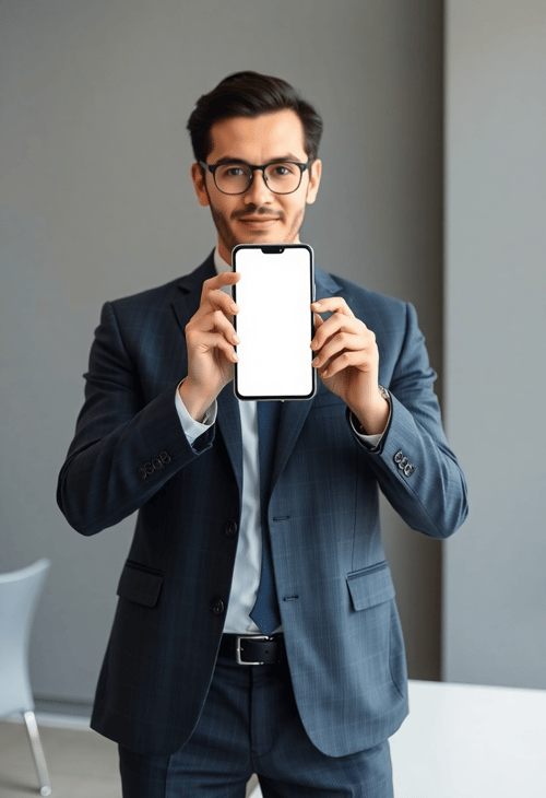 Business Executive Displaying Blank Phone in Office