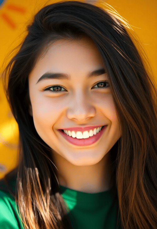 Smiling Latina Teenager with Dimples and Sunlit Hair