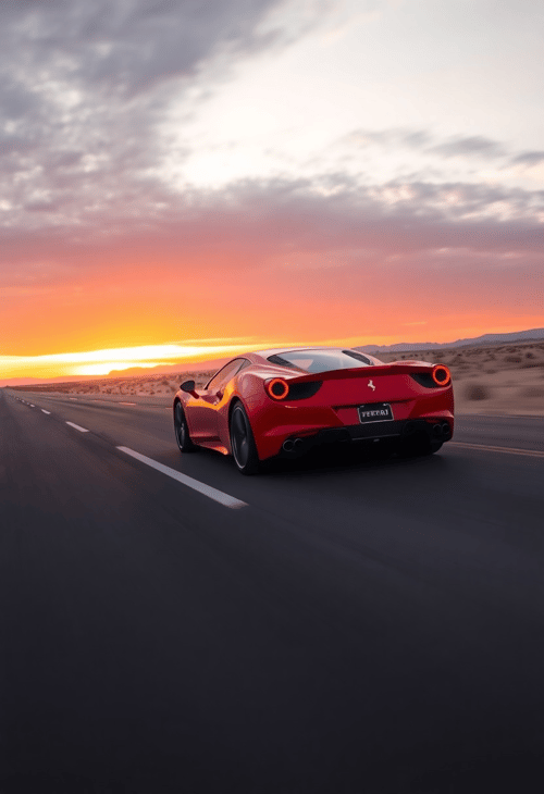 A Sleek Ferrari Roars Down a Desert Highway at Sunset