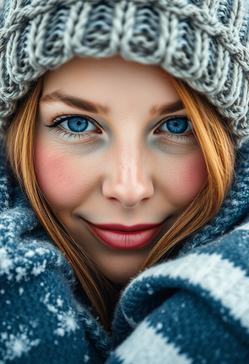 Caucasian Woman with Rosy Cheeks in Winter Attire