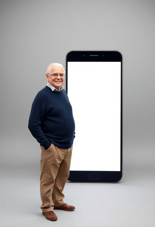 Elderly Man Stands Proudly Beside a Blank Giant Phone