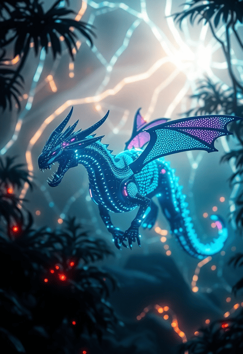 Majestic Cyber Dragon in Neon Forest