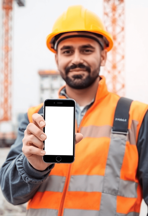 Engineer Showing Blank Phone at a Construction Site