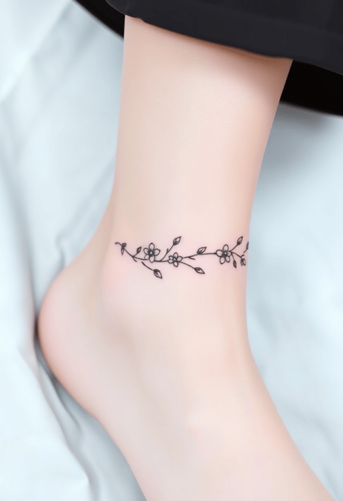 Subtle Floral Ankle Band Tattoo