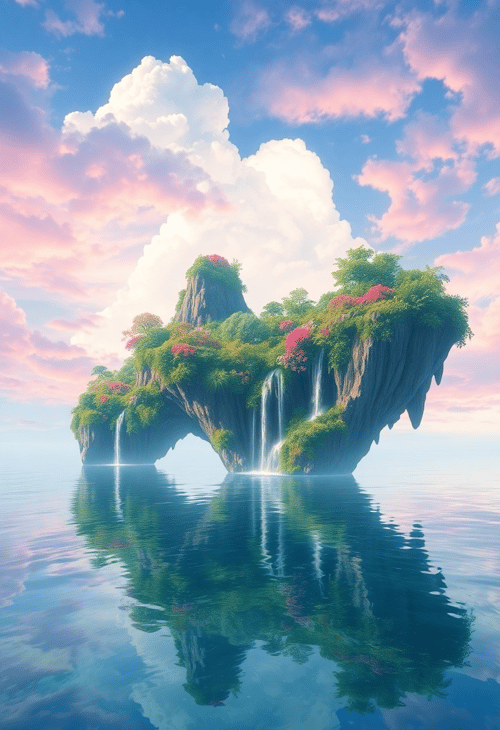 Surreal Floating Islands Over a Glass Ocean