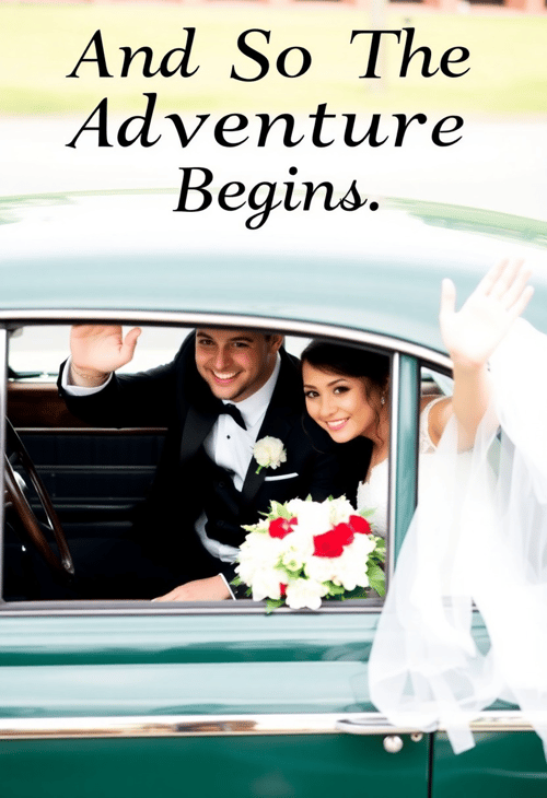 Classic Car Getaway with 'Adventure Begins' Quote