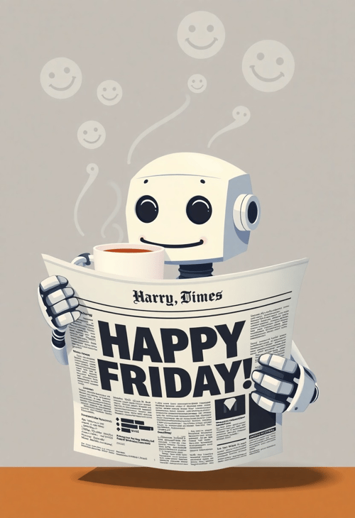 Robot Reads 'Happy Friday!' Newspaper