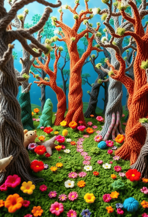 Vibrant Yarn Forest: A Whimsical Woodland Scene