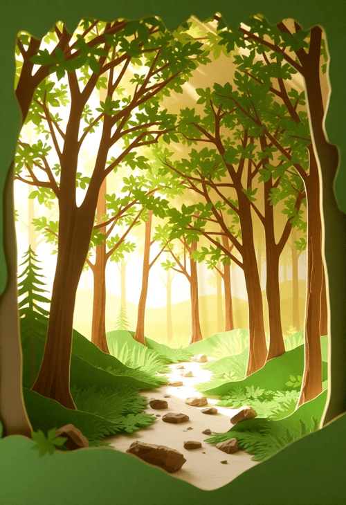Serene Forest Scene in Layered Paper Cutout Style