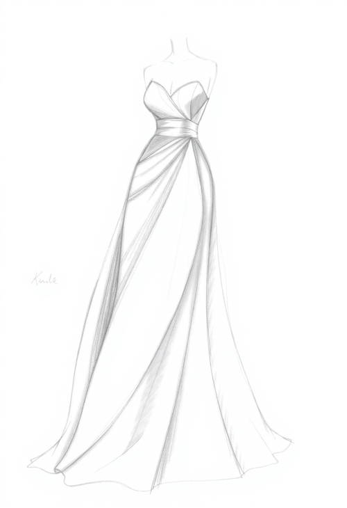 Elegant Evening Gown: A Fashion Sketch in Pencil Drawing