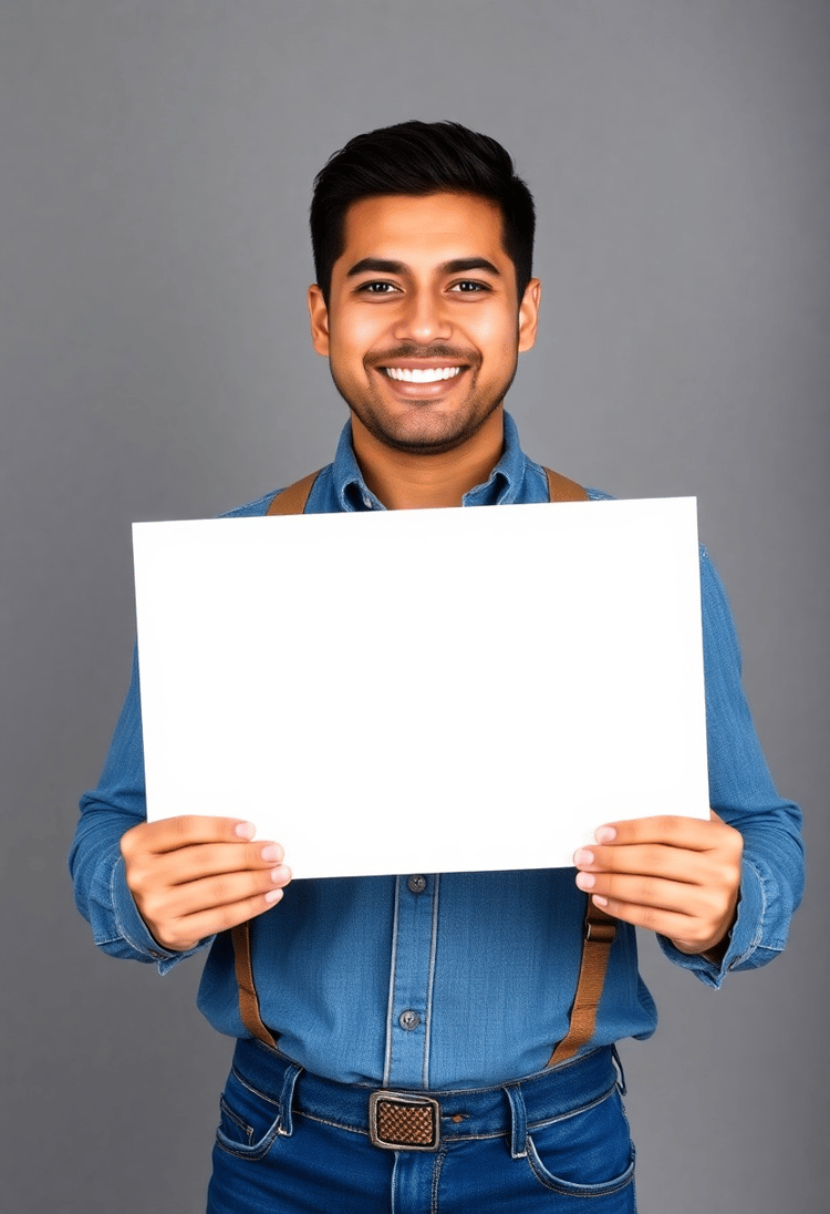 Smiling Latino Worker with Empty Board in a Gray Space