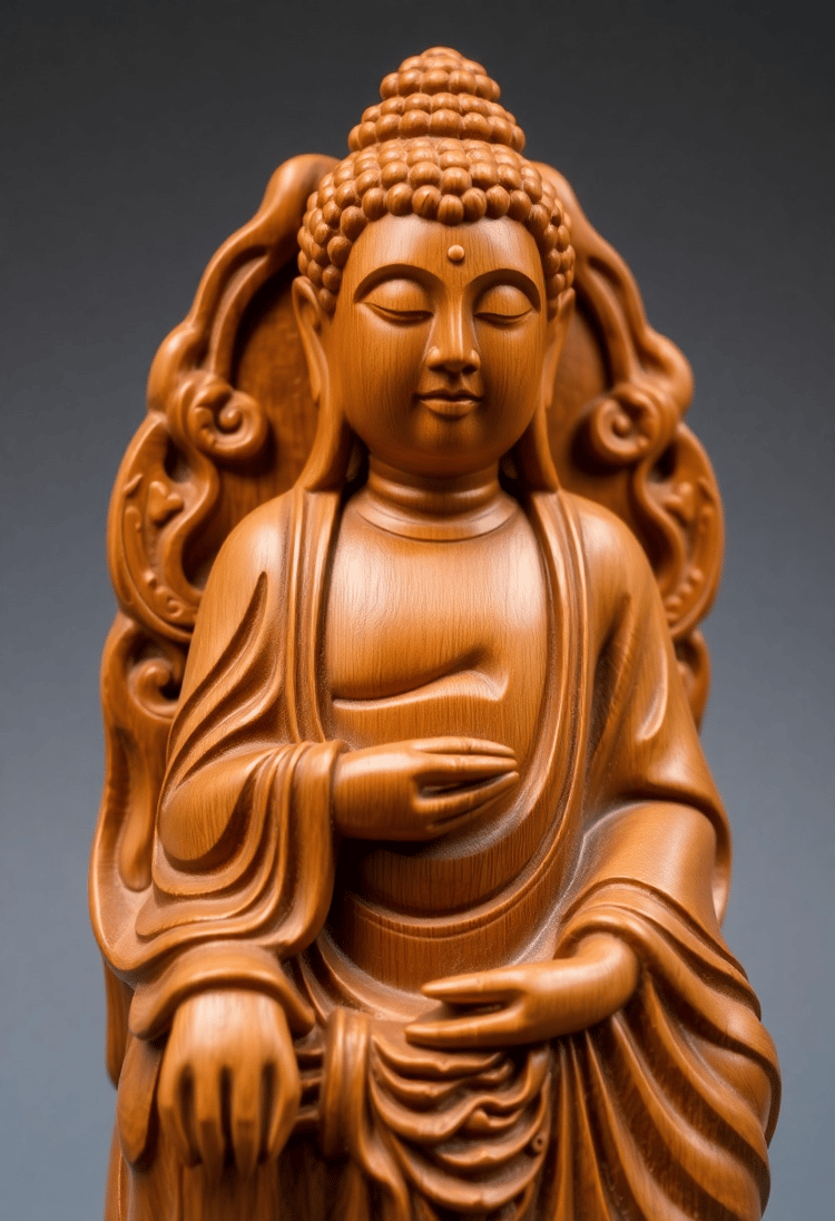 Wooden Buddha Carving with Intricate Details