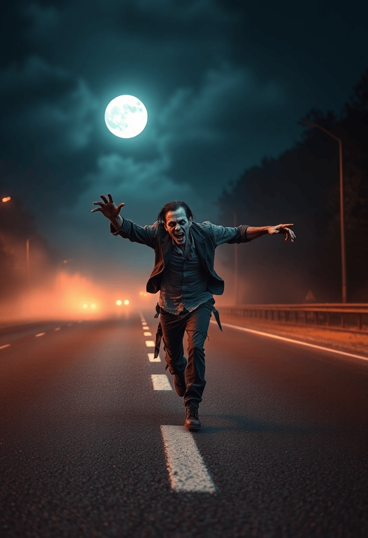 Zombie Running on a Haunting Halloween Highway