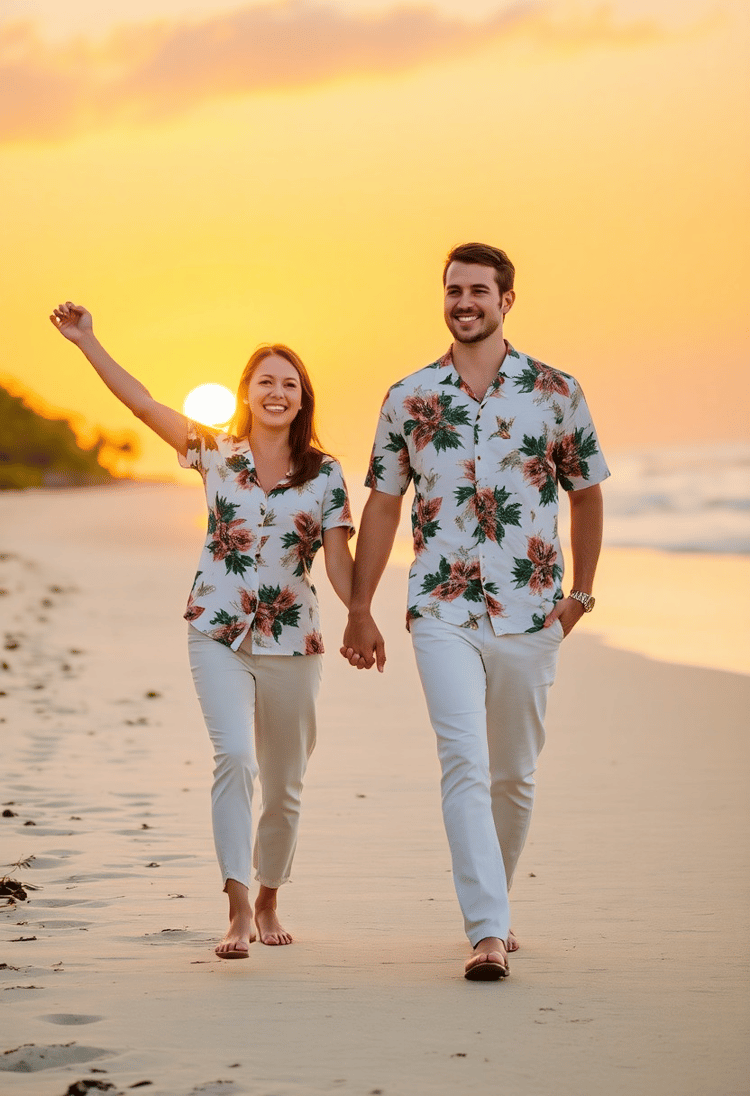 Sunset Stroll: Matching Tropical Attire
