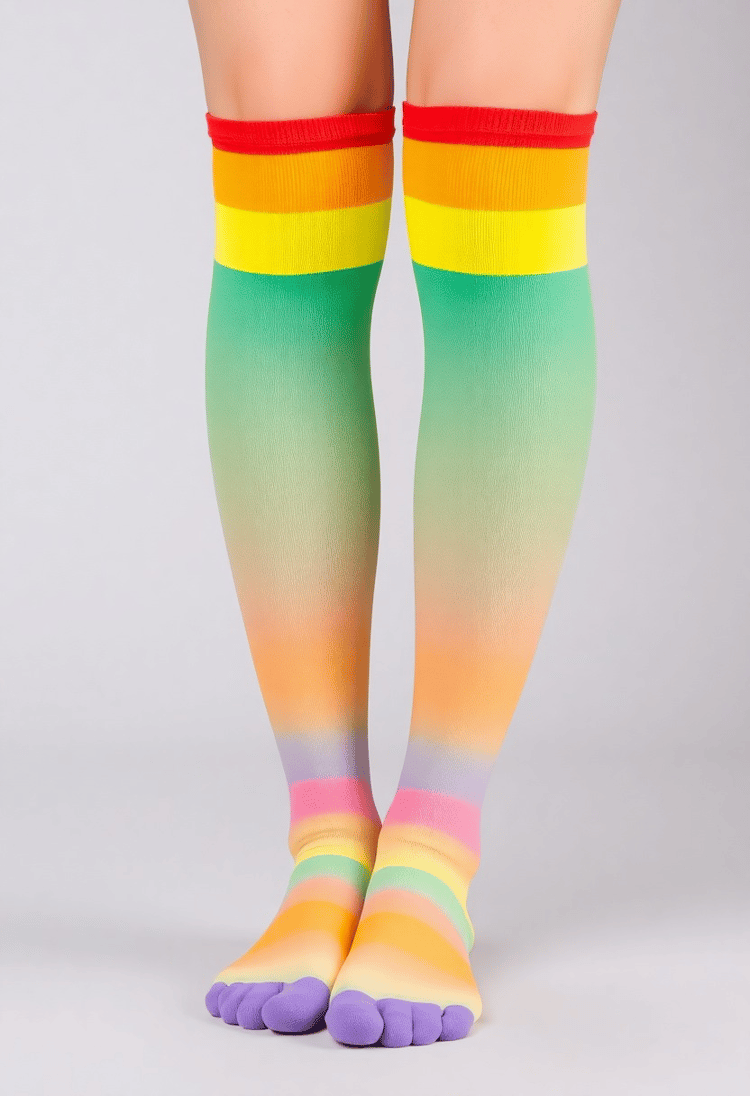 Vibrant Rainbow Knee-High Socks on Model